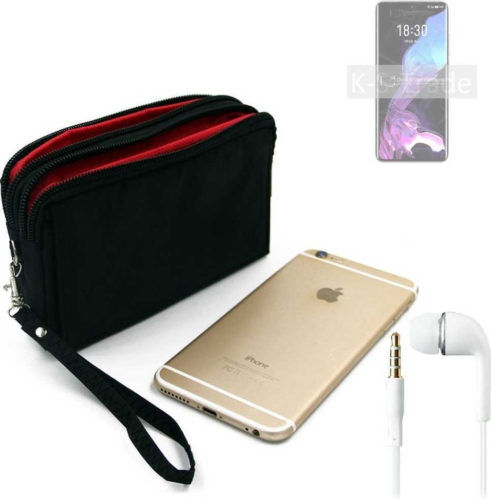 TOP SET kompatibel mit Meizu 18 Handy Hülle Gürteltasche schwarz + Kopfhörer Travel Bag Travel-Case mit Diebstahlschutz praktische Schutz Hülle
