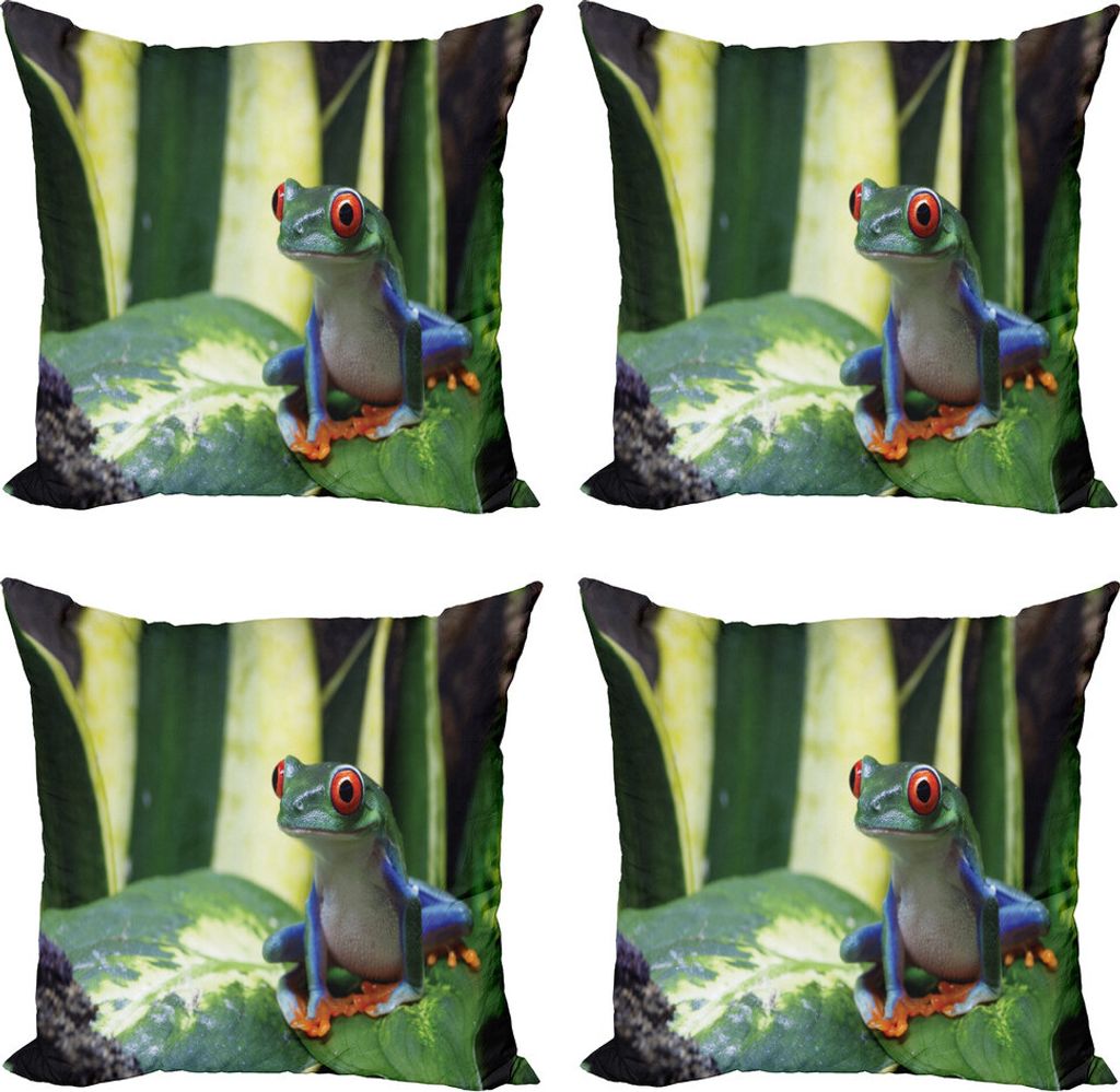 ABAKUHAUS Frösche Kissenbezug Set (4 Stück), Exotische Vivid Tier auf Blatt, Moderner Doppelseitiger Digitaldruck, 40 cm x 40 cm, Mehrfarbig