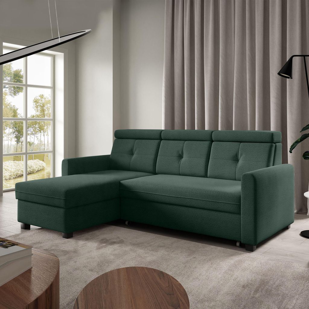 Ecksofa MILANO Flaschengrün, L-Form - mit Schlaffunktion, Bettkasten & Ottomane links