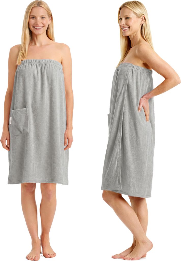 Leicht Frottee Saunakilt Damen - Saunahandtuch Baumwolle mit Gummizug und Knopf Saunakleid Saunatuch Sauna Handtuch Kleid Frauen Kilt Hellgrau