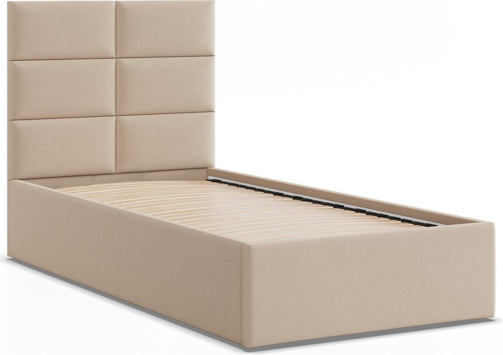 Polsterbett 90x200 YORK ohne Bettkasten mit Holzlattenrost, Einzelbett mit Kopfteil Beige Geflecht