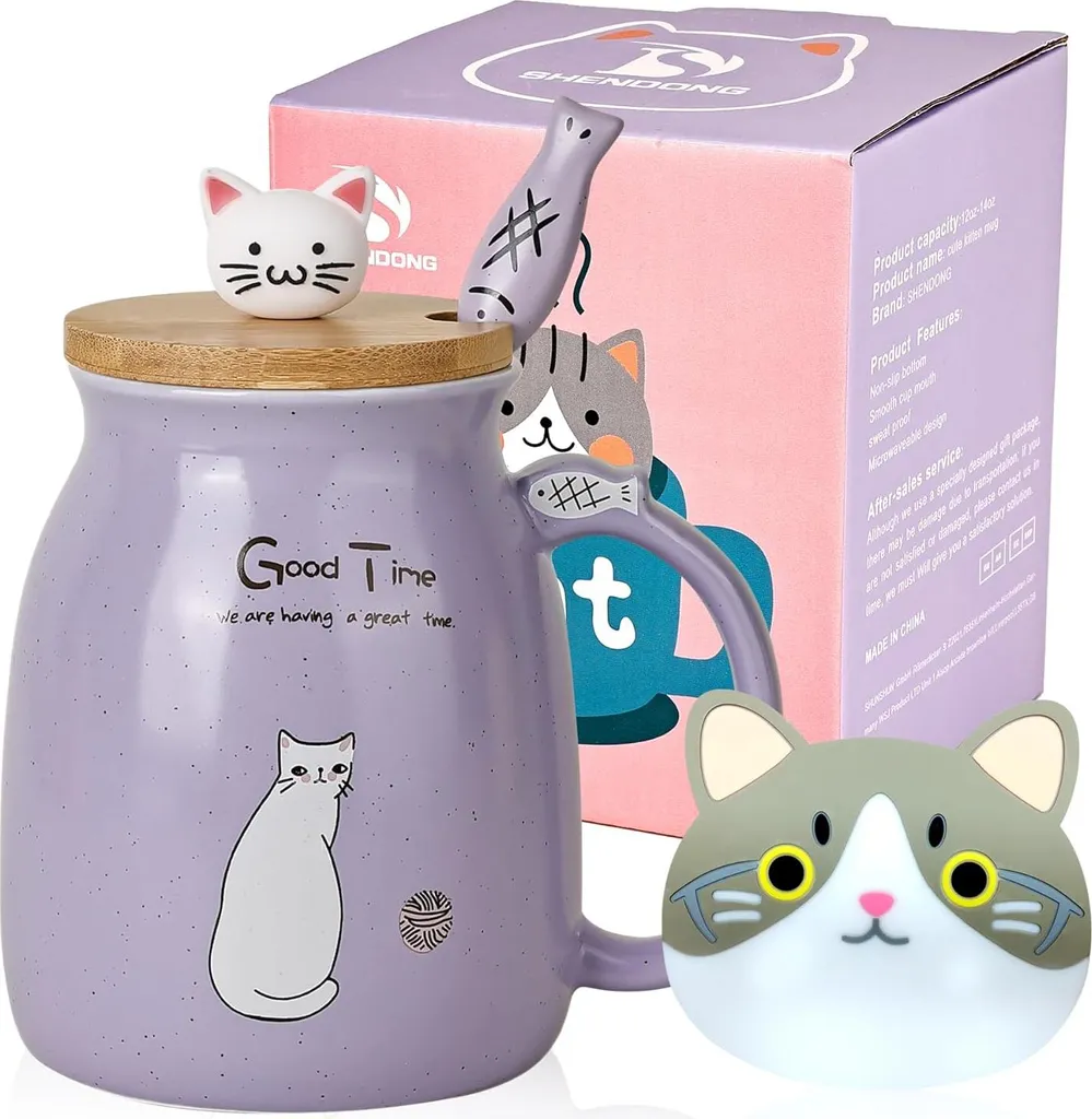 Mug chat avec couvercle contre le froid - Tasse céramique et inox