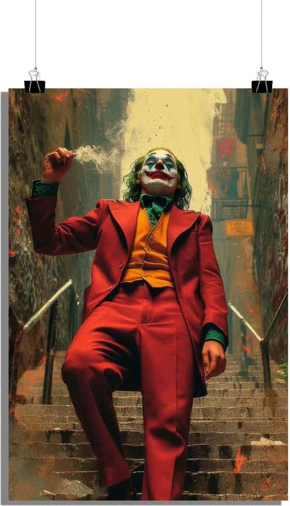 Joker Poster - Film Poster - Batman Bösewicht Poster - Roter Anzug Poster - Treppen Poster - Zigarette Poster - 51x71cm - Perfekt zum Einrahmen