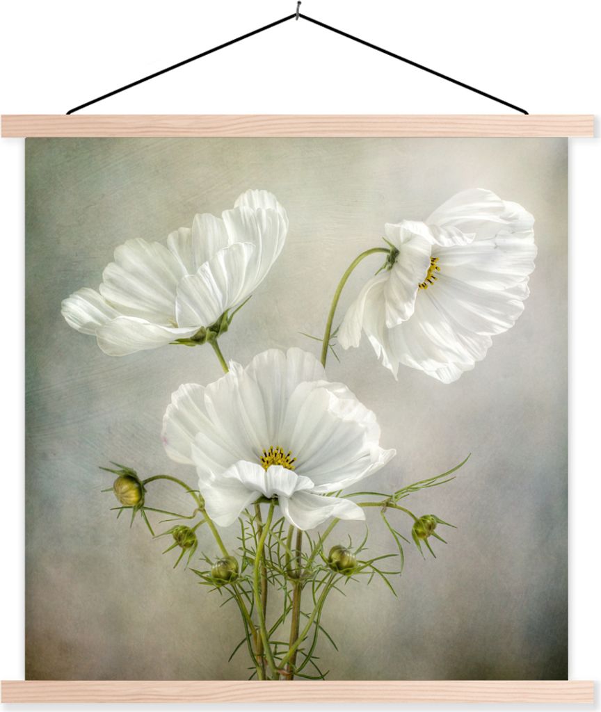 MuchoWow Textilposter Blumen - Stillleben - Mohn - Weiß - Botanisch 60x60 cm mit holzfarbenen Rahmen - Wanddekoration