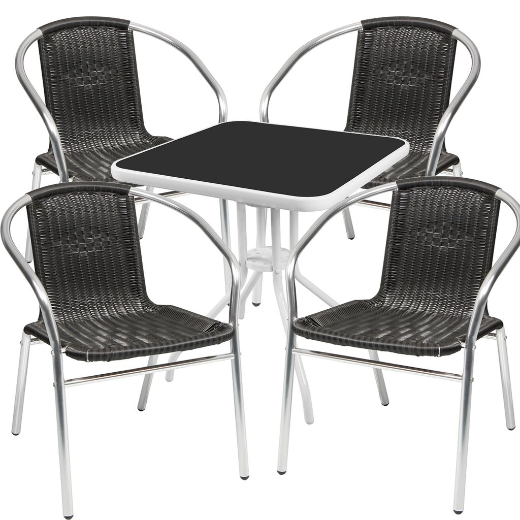 Bistrogarnitur 5-teilig Metall weiß /Glasplatte schwarz Rattan Schwarz