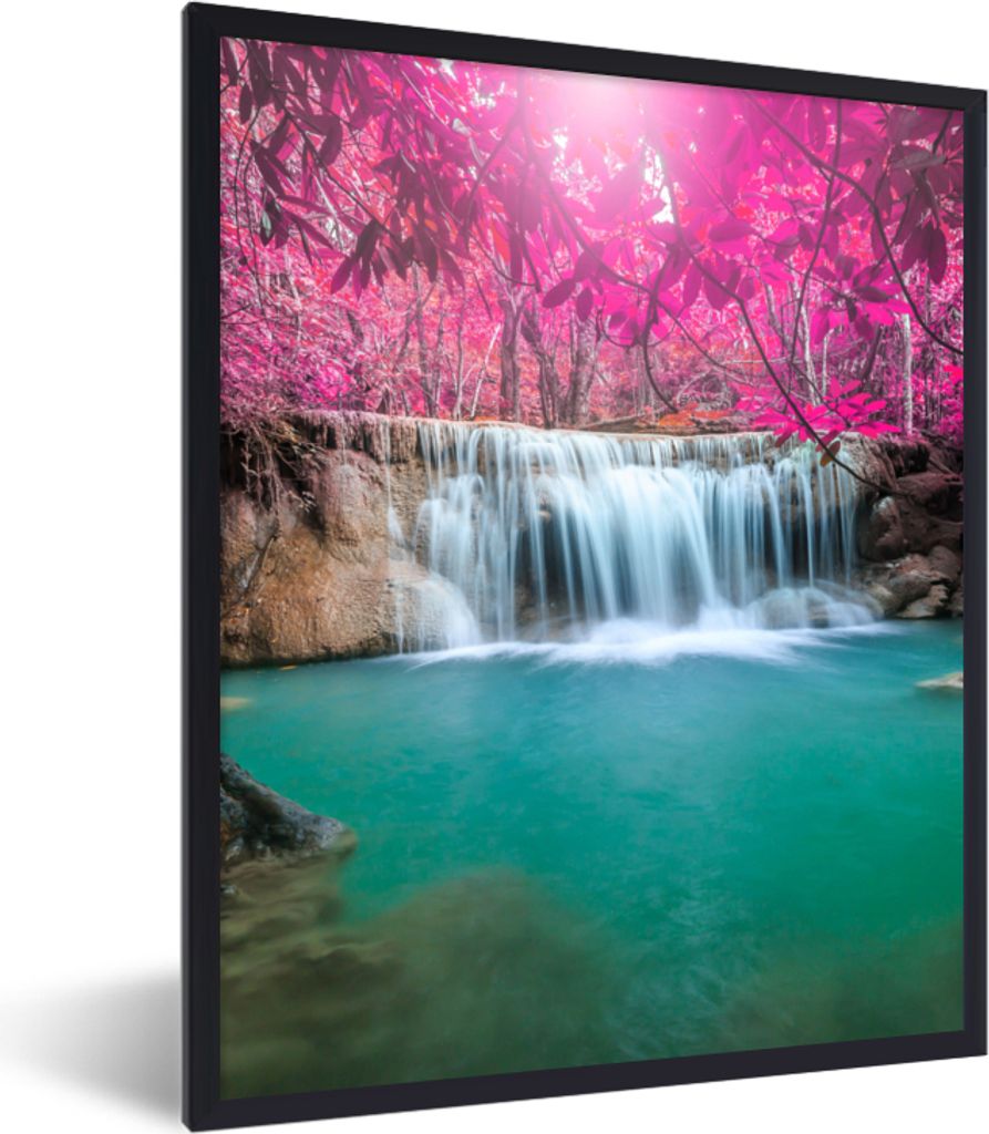 MuchoWow Gerahmtes Poster Wasserfall - Baum - Rosa - Natur 60x80 cm - Poster mit Schwarzem Bilderrahmen Wandposter Rahmen Foto Bilder - Premium -...