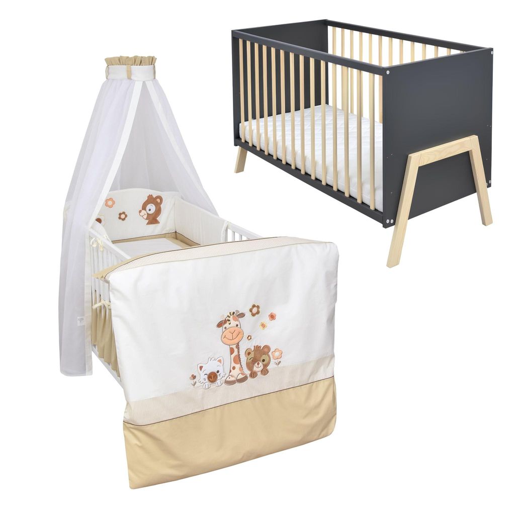 Babybett Kinderbett Gitterbett Juna 60x120 Anthrazit Schutzgitter Matratze Bettwäsche Set 10tlg Safari