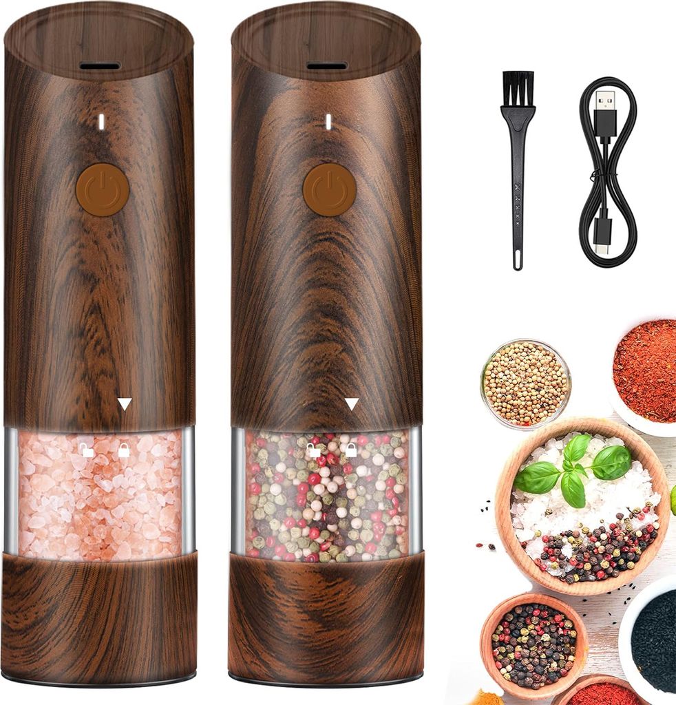 2 Stück elektrische Salz- und Pfeffermühlen, automatische, wiederaufladbare Pfeffermühle mit 6 einstellbaren Schärfegraden, mit LED-Licht
