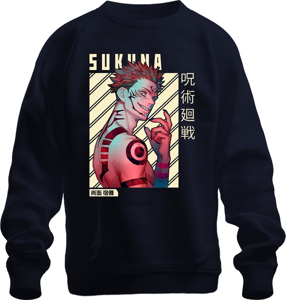 Sukuna Jujutsu Kaisen König der Flüche Anime rote Augen düster Uni Sweatshirt Pullover, Navy, M