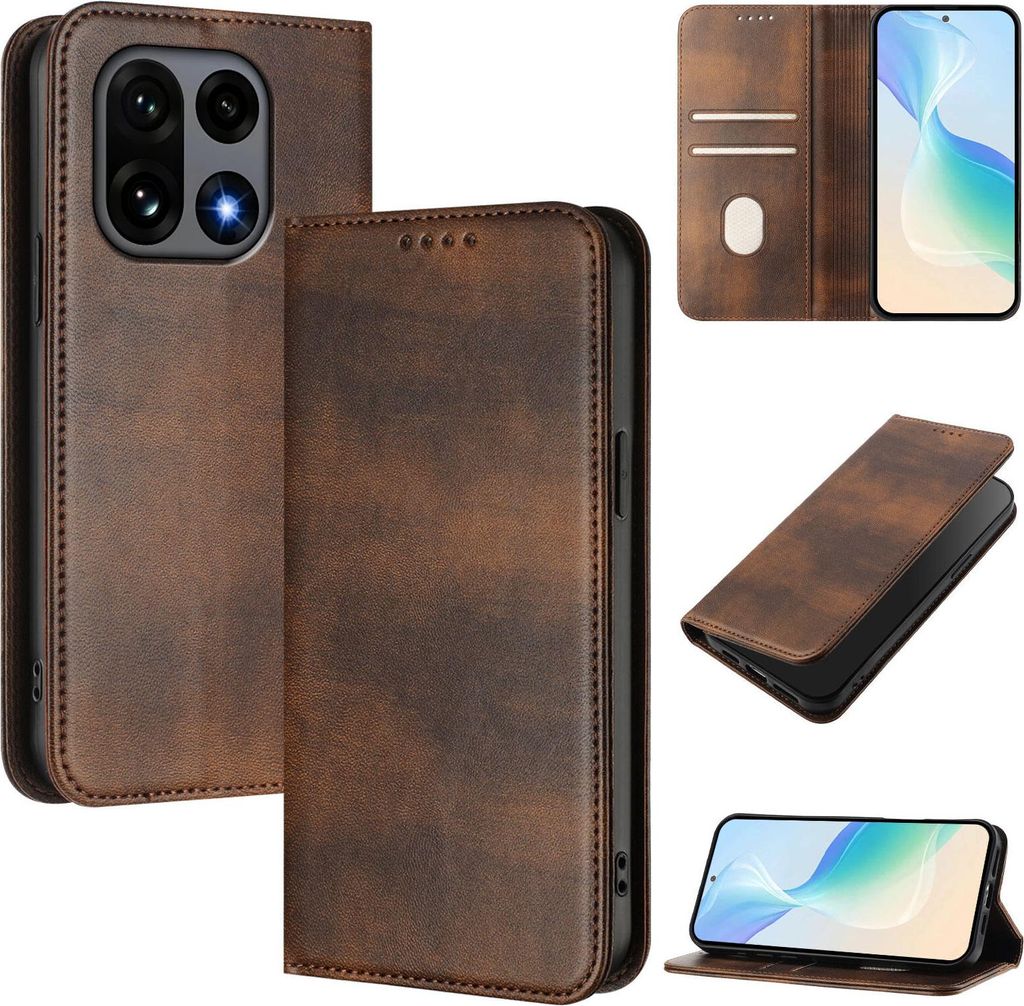 Handyhülle für OnePlus 15, Vintage Leder RFID Schutz Kartenfach Standfunktion Magnetische Klapphülle Braun