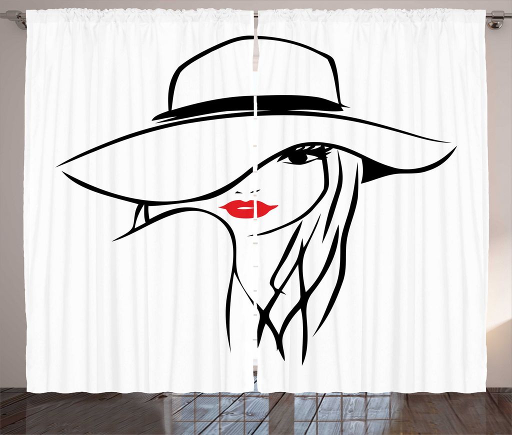 ABAKUHAUS Lippen Rustikaler Gardine, Mädchen tragen einen großen Schlapphut, Schlafzimmer Kräuselband Vorhang mit Schlaufen und Haken, 280 x 245...