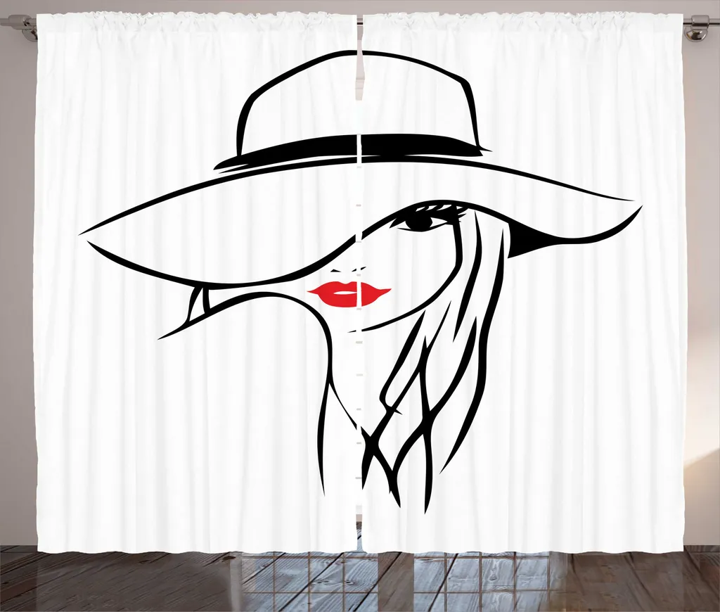 ABAKUHAUS Tenda rustica con bordi arricciati, ragazze con grandi cappelli flosci, tenda da camera da letto con passanti e ganci, 280 x 245 cm, vermiglio, nero e bianco