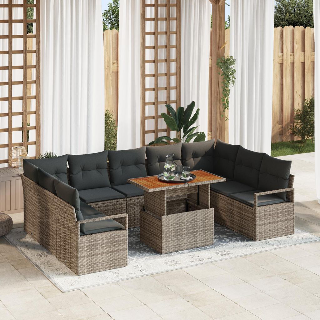 10-tlg. Garten-Sofagarnitur mit Kissen Grau Poly Rattan, Design Gartensofas Neu
