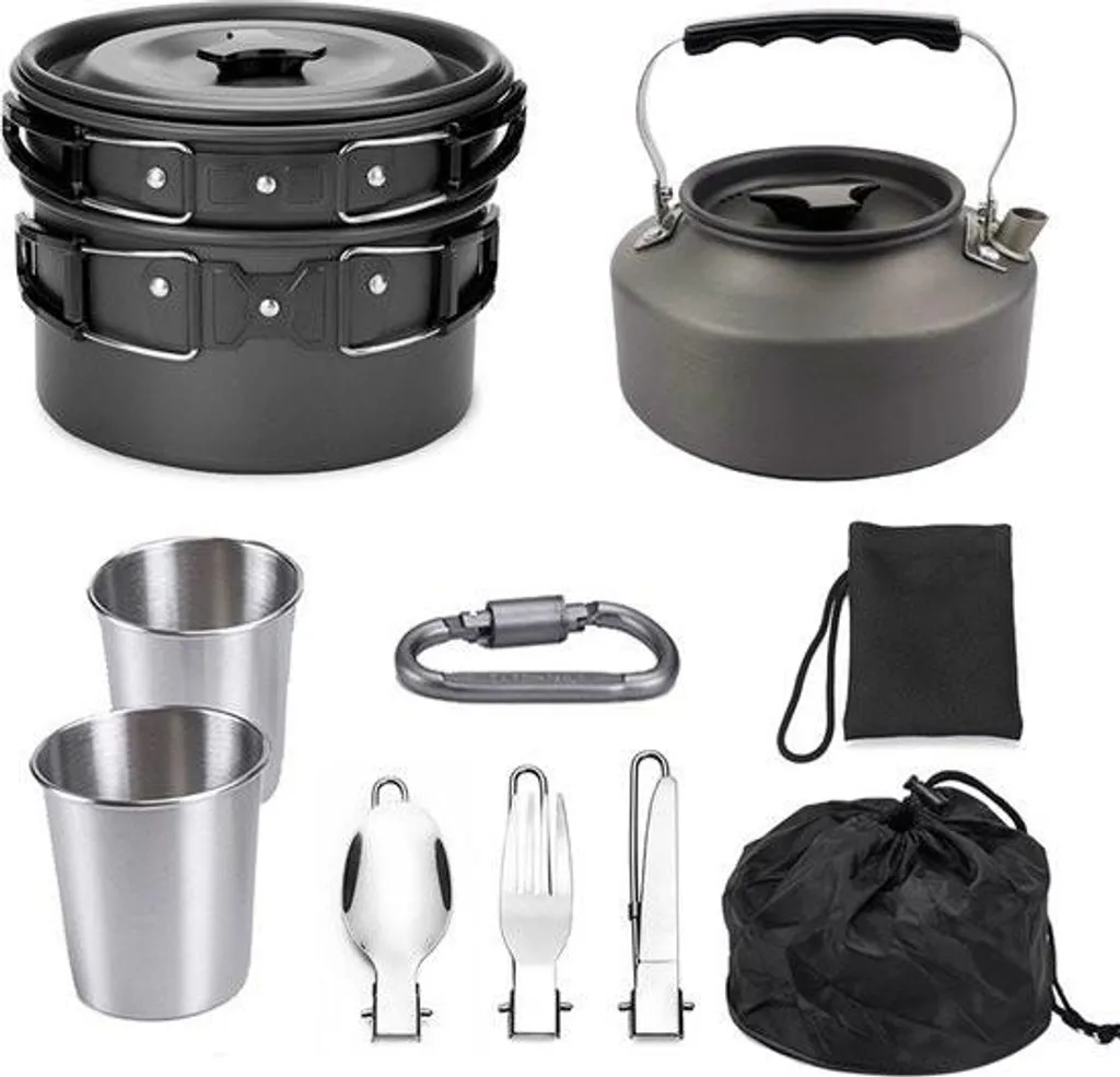 Set de casseroles camping 9 pièces en aluminium avec poignées pliables