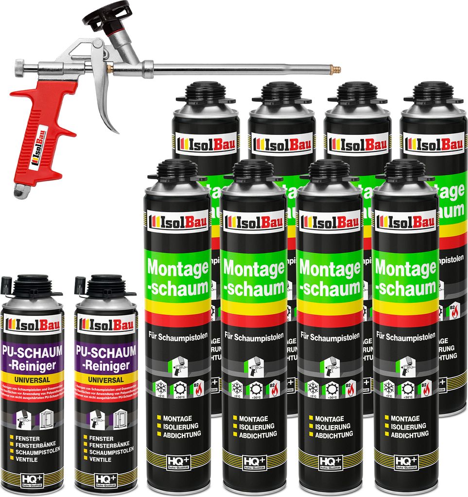 Isolbau Bauschaum-Set - Inkl. 8x 1K Montageschaum Pistolenschaum (je 750 ml), 1x Schaum-Pistole & 2xPU-Schaum-Reiniger (500 ml)
