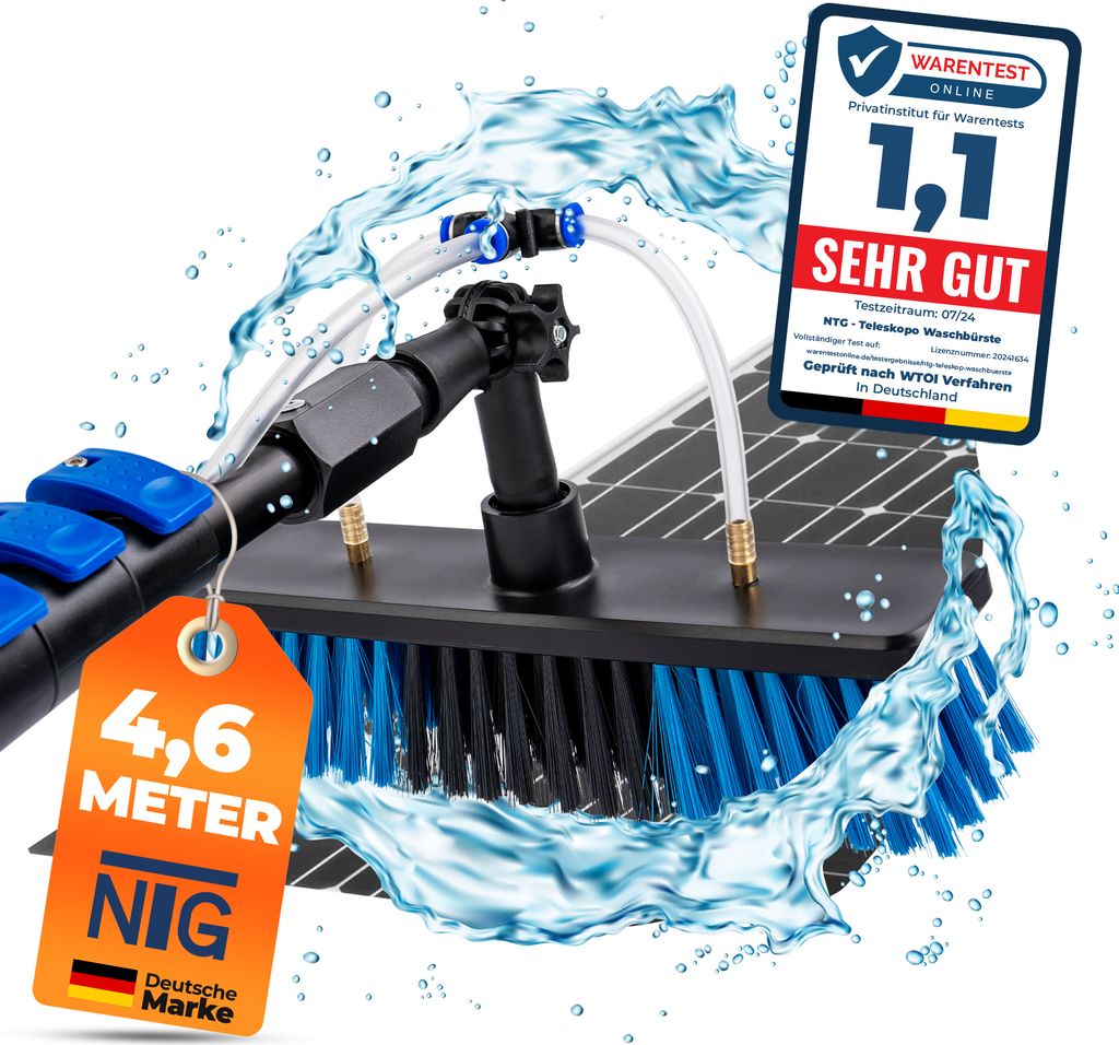 NTG Teleskop Waschbürste zur Reinigung von Solaranlagen und Fenstern in 4,6 Meter Ausführung mit Wasseranschluss und Seifenspender Teleskopstange...