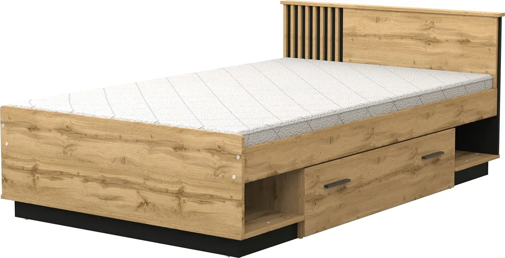 Lit Simple 120x200cm Style Industriel Lamia avec Sommier et Finition Chêne