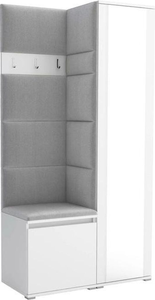 Garderoben-Set Noris VI mit Spiegel, gepolsterte Garderobe 95 cm, kompakte Flurmöbel mit Wandpaneelen, Haken und Stauraum (Farbe: Weiß + Trinity 32)