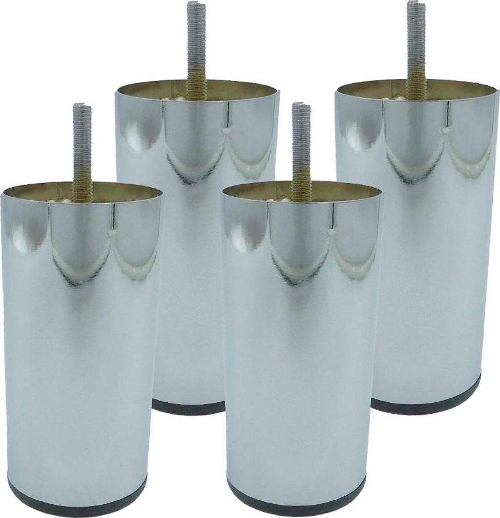 Four silver cylindrical furniture legs with threaded bolts are arranged in a group against a white background.