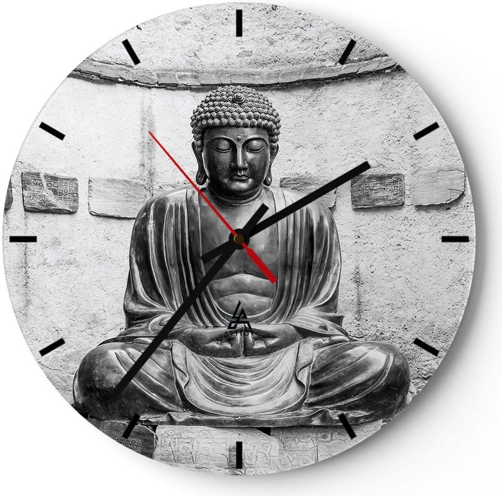 Wanduhr - Rund - Glasuhr - Japanisch Buddha Statue - 30x30cm - Schleichendes Uhrwerk - Lautlos - zum Aufhängen bereit - Dekoration Modern - Wandde...