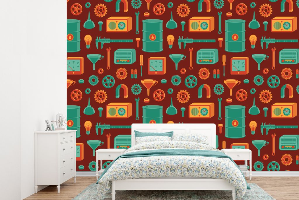 MuchoWow Fototapete für Wohnzimmer oder Schlafzimmer Wandtapete Vinyl Motivtapete Muster - Retro - Werkzeuge - 330x240 cm - Vinyltapete