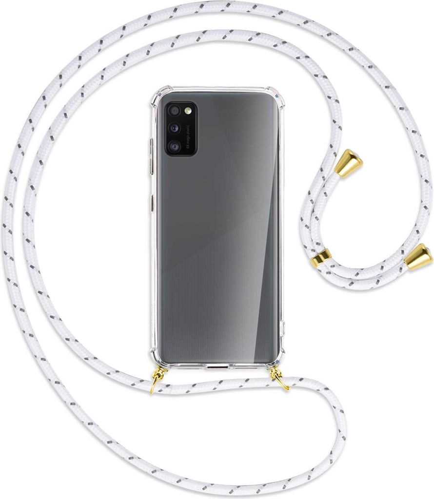 Handykette Backcover-Schutzhülle mit Band (Metall goldfarben) für Samsung Galaxy A41 (A415) - weiß/grau