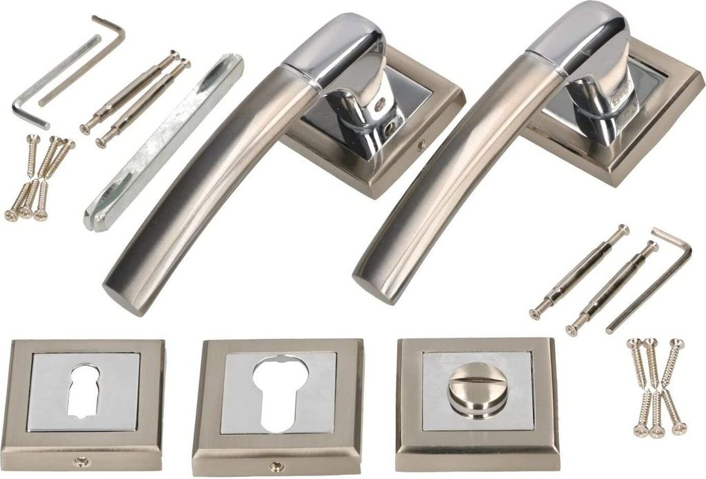 A set of door handles and related hardware, including screws and an Allen wrench, laid out on a white background.