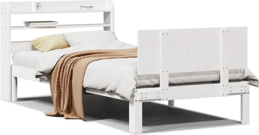 Lit simple 90x190 cm blanc avec tête de lit intégrée cadre de lit métal