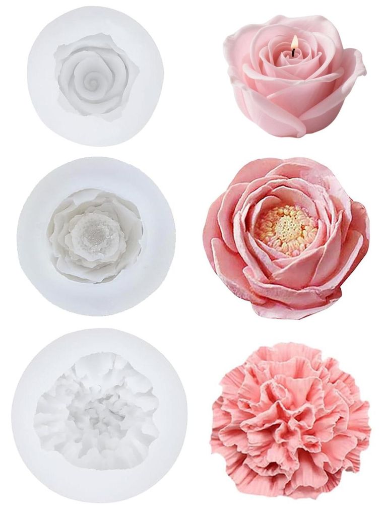 3 Silikonformen, Gießformen für Blumen, Rosen, Nelken und Pfingstrosen, für Schokoladenkunstwerke und Dekorationen.