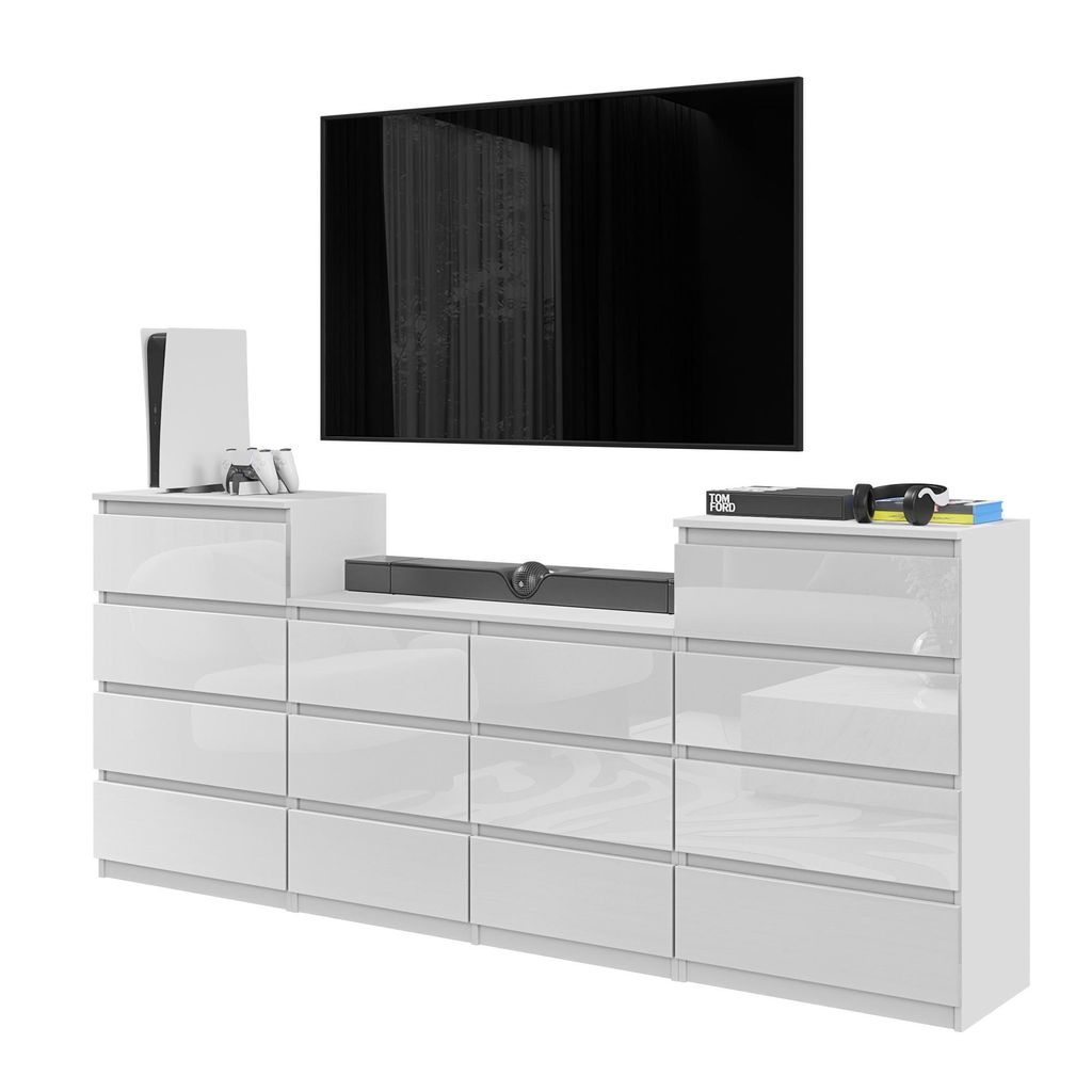 Kommode 220 Cm Weiss Matt / Weiss Hochglanz, 14 Schubladen, Produktbild 