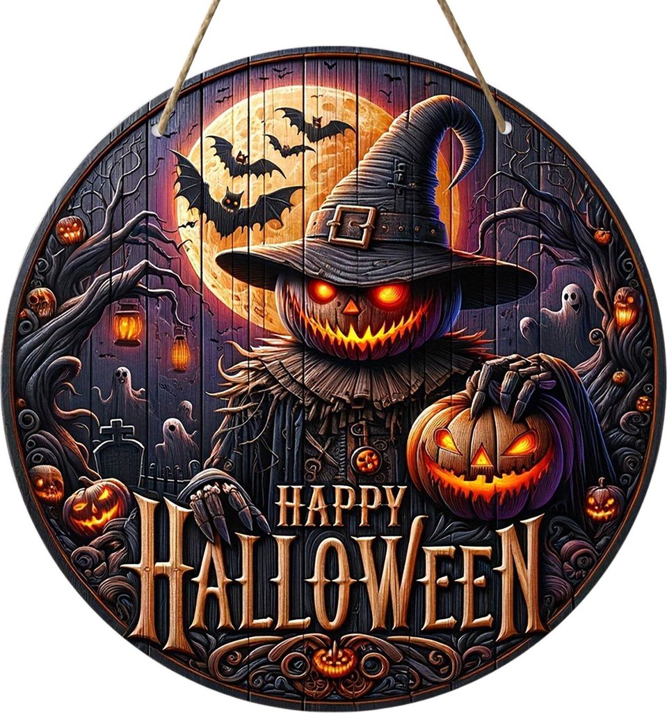 Halloween-Schild für die Haustür, Halloween-Kranz, Holzschild zum Aufhängen, Boo, Geist, Kürbis, Hexe, Willkommensschild für Fenster, Wanddeko...