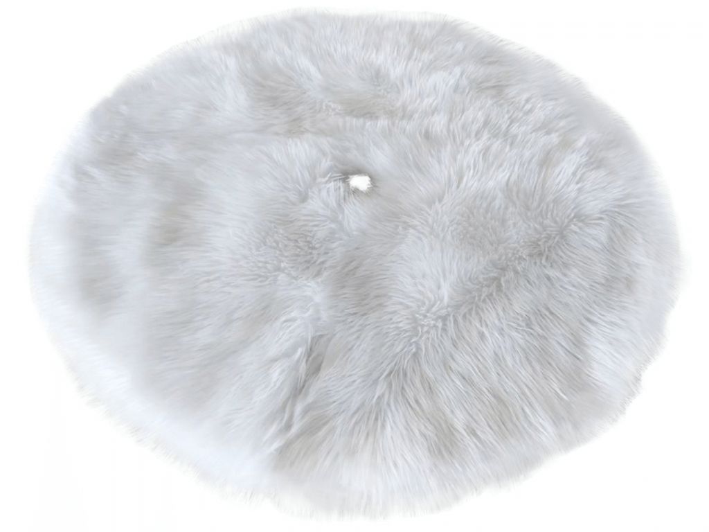 A round, white, fluffy rug is shown from a top-down perspective against a white background.