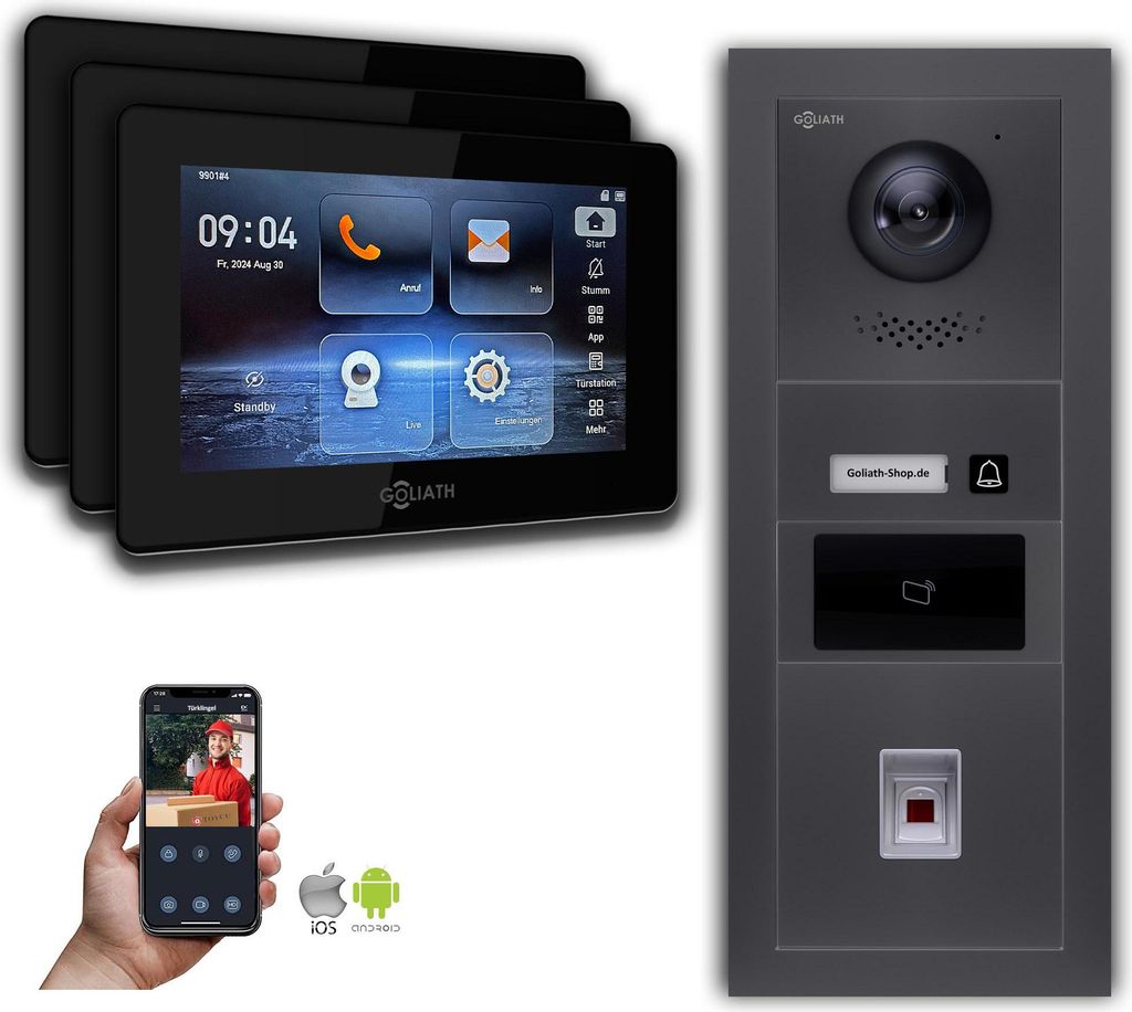 Goliath IP Video Türsprechanlage mit Kamera 7-Zoll Fingerprint RFID Anthrazit : Aufputzdose : 7 Zoll in Schwarz : 3 Monitore Anzahl: 3 Monitore Fa...