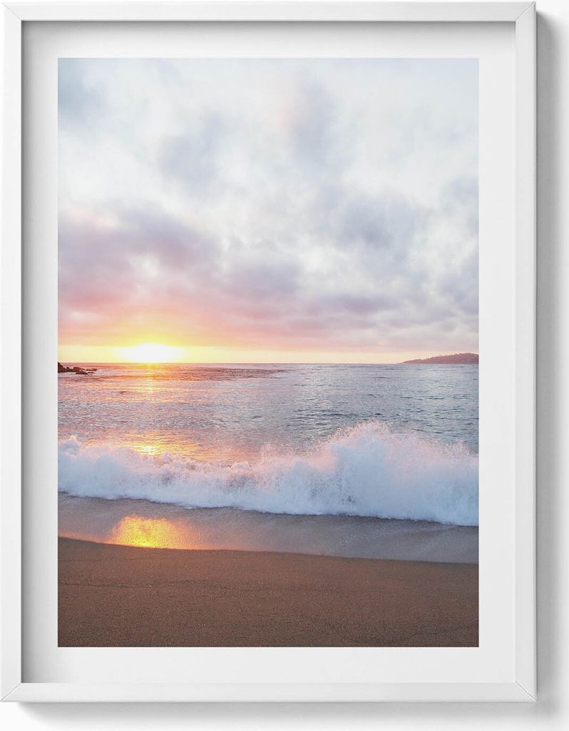Meeresstrand und Sonnenuntergang– Wandbild mit Rahmen – Gerahmtes Bild – Wanddekoration – 60x80 cm – Weiß Rahmen