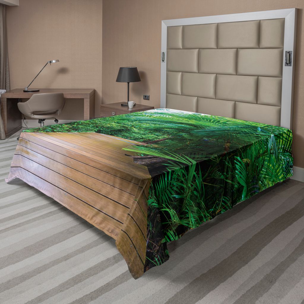 ABAKUHAUS Dschungel Bettlaken, Deck Holz Steg Exotisch Getaway Wildnis Fußweg Tropische Pflanzen Regenwald, weiches bequemes oberes Bettlaken für...