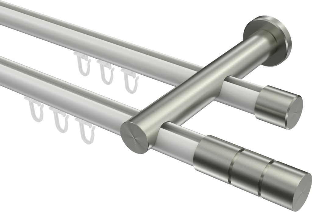 Interdeco Innenlaufstange / Gardinenstange mit Innenlauf Weiß / Edelstahl-Optik, Typ Platon Elanto (Rillenzylinder), 20 mm Ø 2-läufig, 180 cm