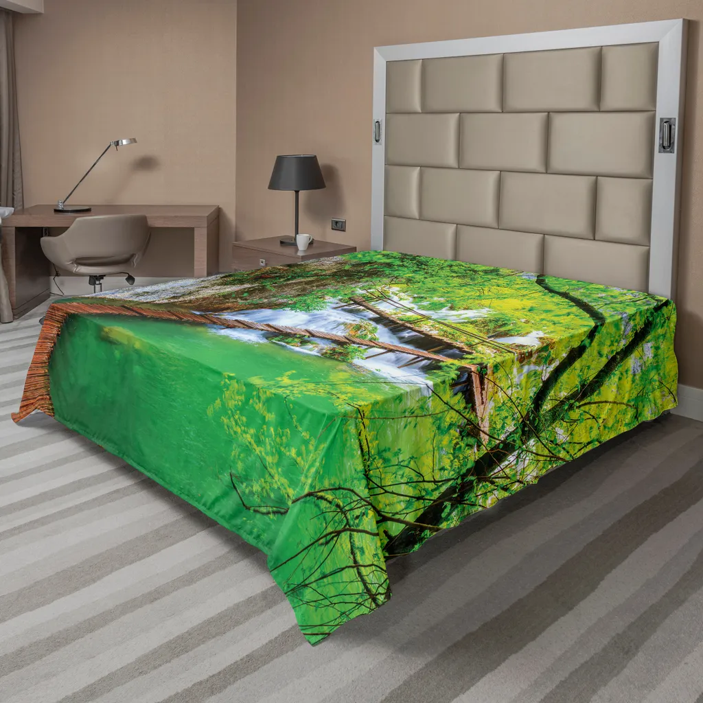 Drap de Lit Supérieur Motif Cascade Naturelle Vert Gris 244x205 cm