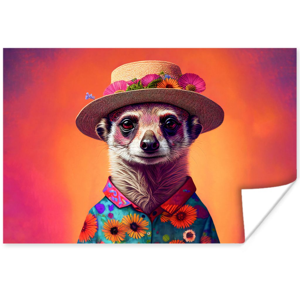MuchoWow Poster Erdmännchen - Blumen - Hut - Tiere - Porträt 180x120 cm - Fotoplakat