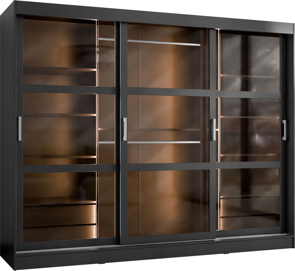 A studio shot of a black sliding door wardrobe with bronze-tinted glass panels.
