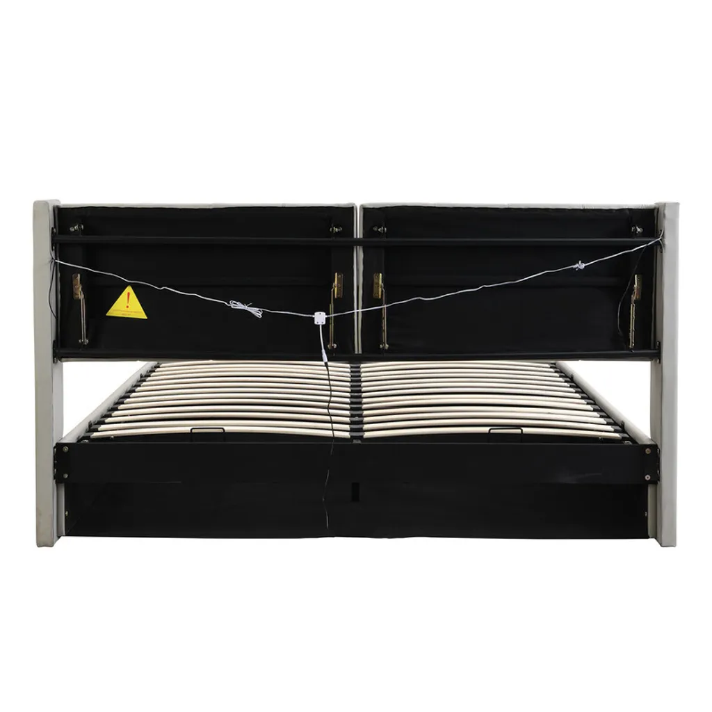 Lit Boxspring 140x200cm Gris Hydraulique avec LED et Prises USB Intégrées - 6