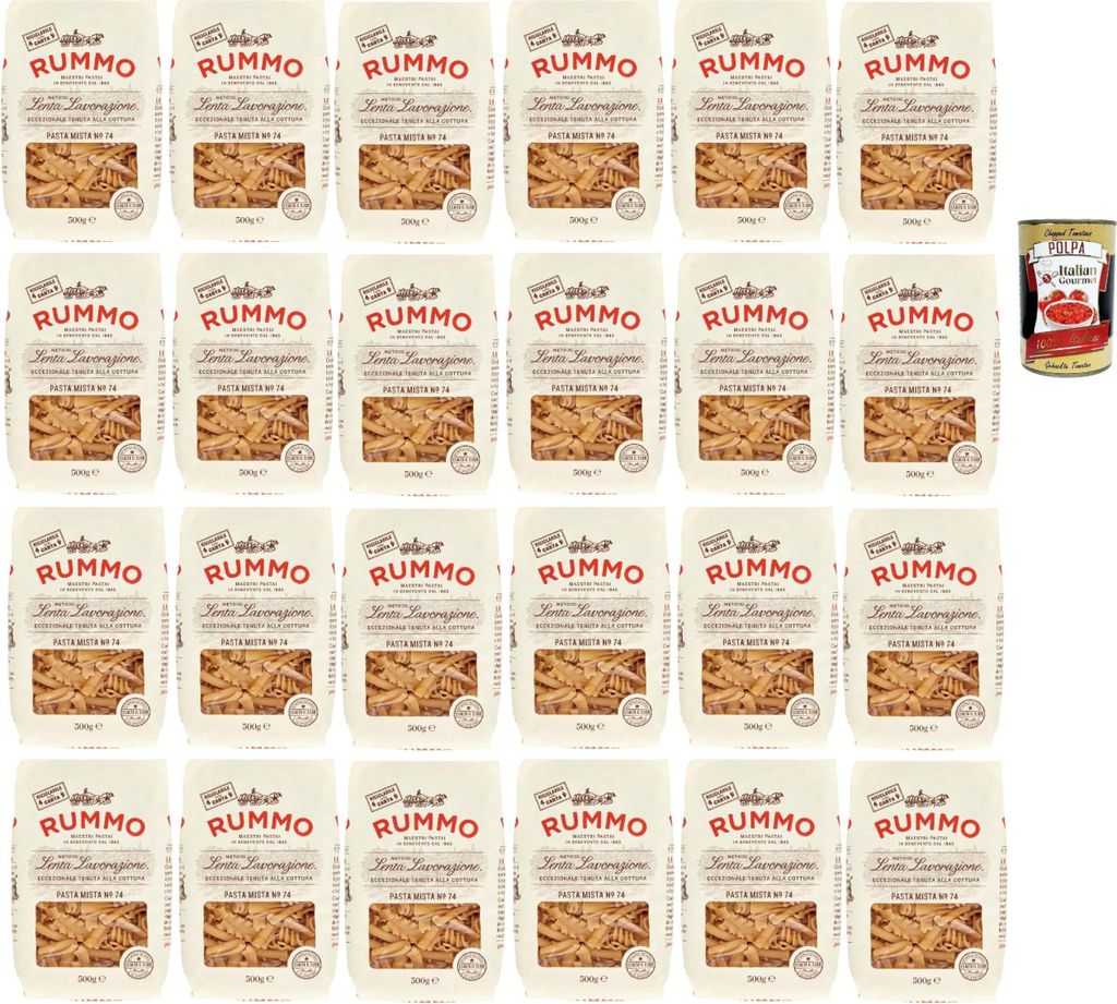 Rummo Pasta Mista n° 74 Pasta Lenta Lavorazione Teigwaren aus Hartweizengrieß Bronze-Zeichnung 24x 500g + Italian Gourmet polpa 400g