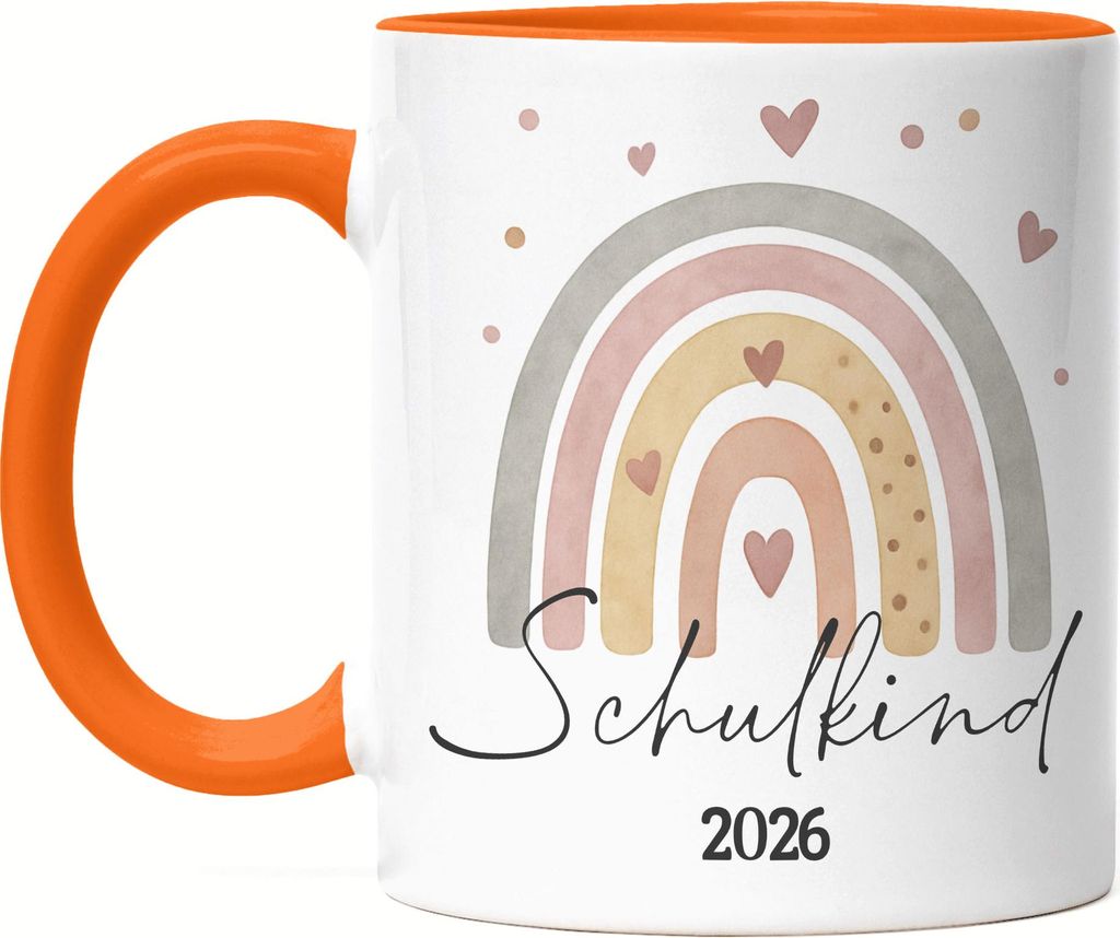 Schulkind 2026 Boho Regenbogen Motiv Tasse Orange Geschenk Einschulung Herz Pastell Vintage Erstklässler