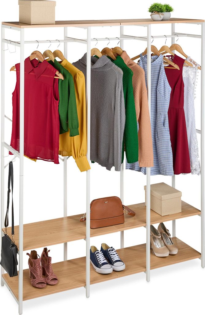 Relaxdays Garderobe, offen, Kleiderschrank, Ablagen & Stange, HBT: 180x141x40 cm, Kleiderständer, Metall, weiß/natur