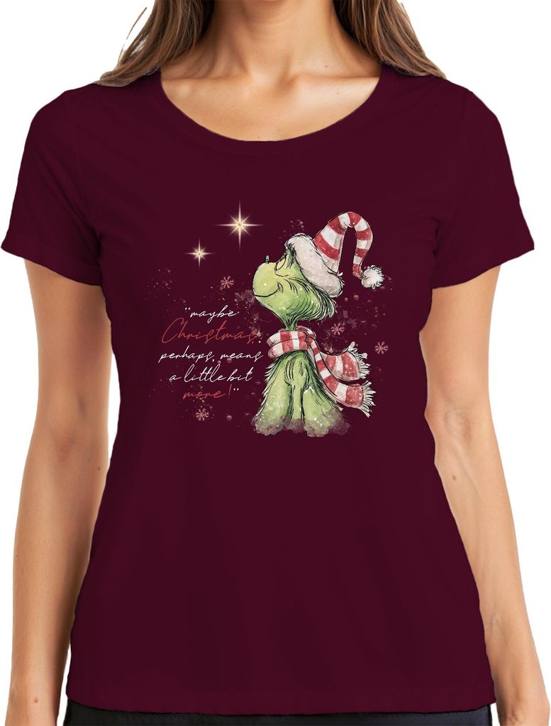 Grinch maybe Christmas means more Weihnachten Geschenk lustig Damen T-Shirt, Burgundy, XXL