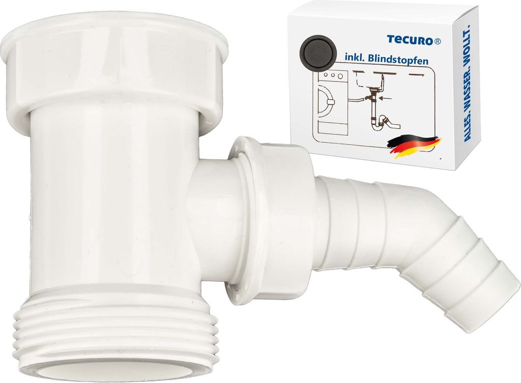 A white plastic plumbing adapter with a hose connection and a small box with product information.
