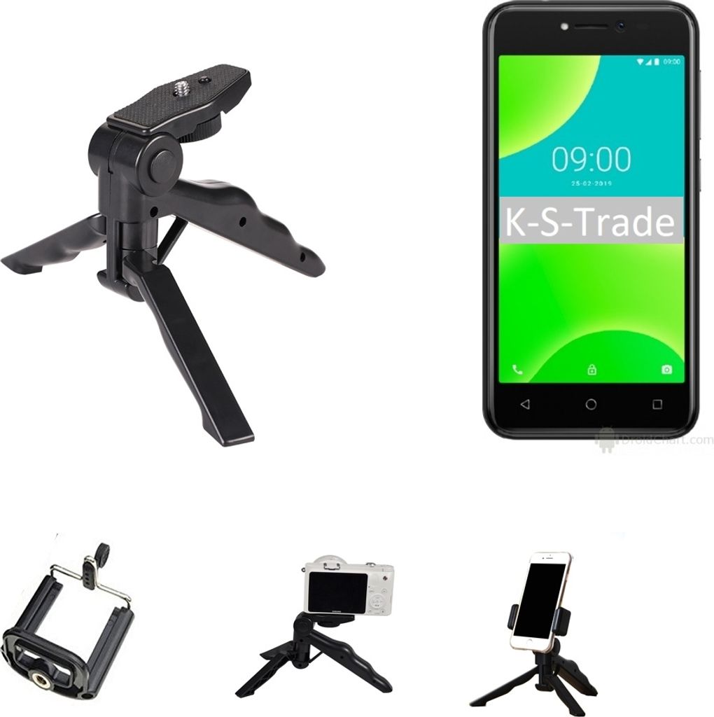 K-S-Trade Stativ Tisch-Ständer Dreibein Handy-Stativ Ständer kompatibel mit Wiko Y50 Mini-Stativ Smartphone Tripod Handy-Stativ aus Plastik schwarz