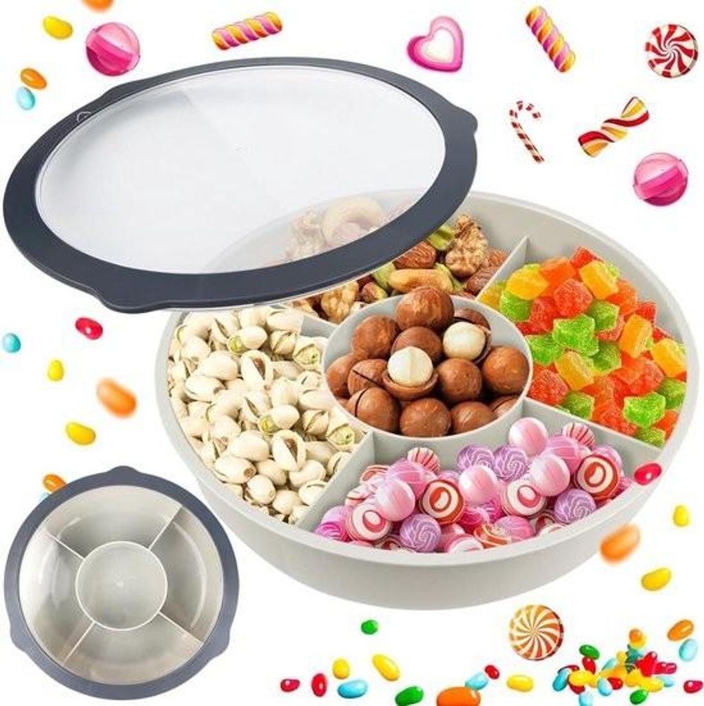 Snackbox Snackbrett mit 5 Fächern Obstbrett Kunststoff transparenter Deckel - Aufbewahrungsbox für Nüsse und Desserts