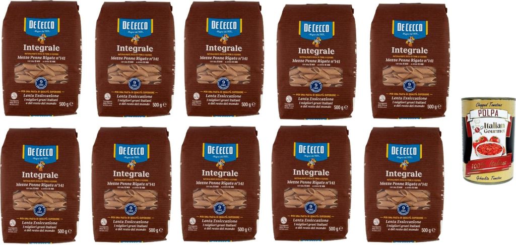 De Cecco Integrale Mezze Penne Rigate N° 141, Pasta integrale, Vollkornnudeln, 10x 500g + Italian Gourmet polpa 400g