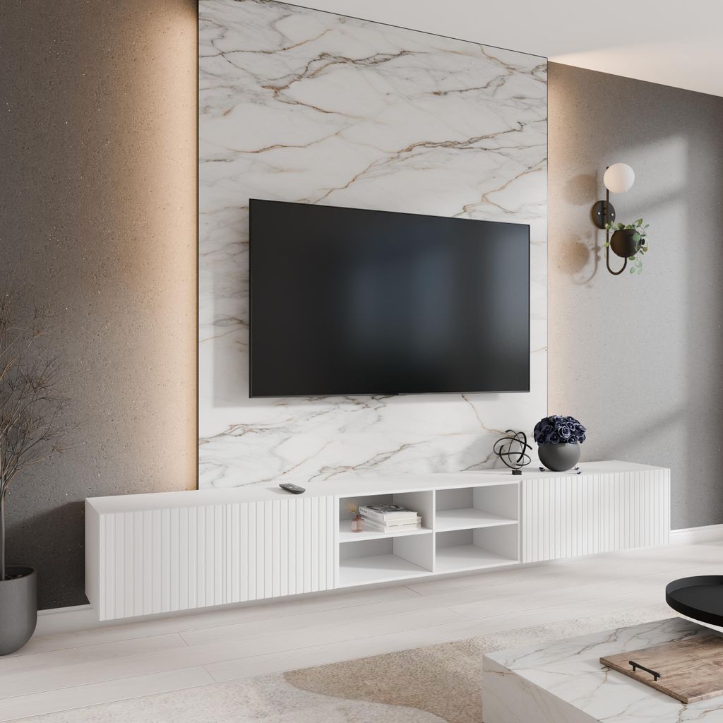 Moderner TV-Schrank 300 cm fürs Wohnzimmer NEL, 4-türiger TV-Schrank ohne Füße, Modischer Schrank mit Frontmuster mit offenen Fächern, Farbe: ...