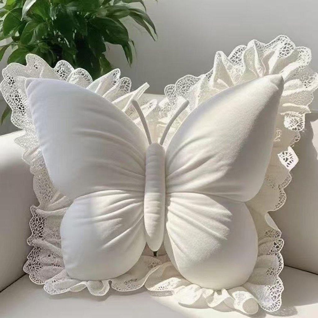 Minicee Schmetterling Dekokissen mit Spitze Samt Weiß 45×40 cm